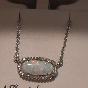 Sterling Silver Lab Created Opal White Sapphire Halo necklace